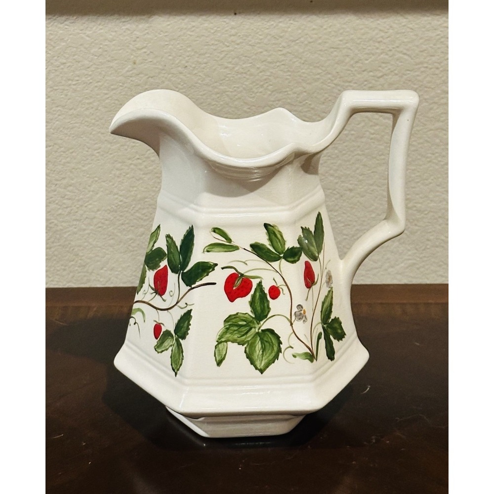Vintage 60s James Kent Strawberry Pitcher Ceramic Red White Green Hand Painted